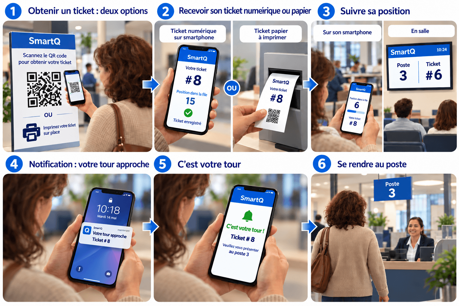 Parcours client smartQ, de la prise de ticket à l’appel au guichet